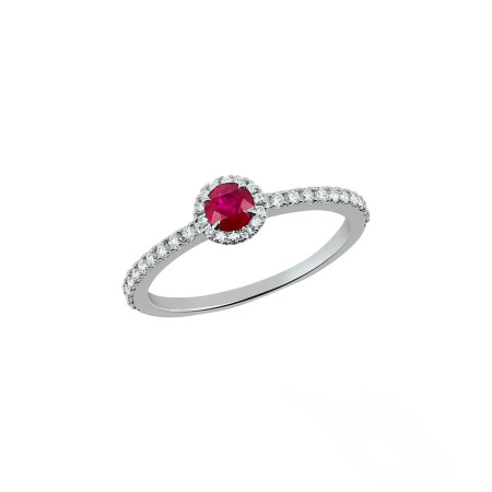 Bague en or blanc palladié, rubis taille ronde et diamants