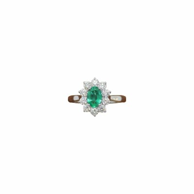 Bague Marguerite en or blanc, émeraude ovale de Zambie et diamants