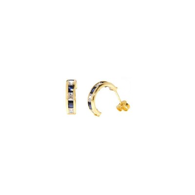 Boucles d'oreilles en or jaune, oxydes de zirconium et saphir
