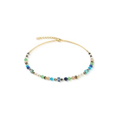 Collier Coeur de Lion Precious Shape en acier doré, aventurine vert, sodalite et agate, cristaux Swarovski, strass, oeil de tigre et hématite