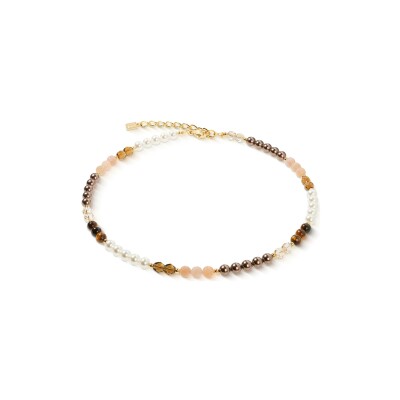 Collier Coeur de Lion Precious Elysia en acier doré, oeil de tigre, pierre de soleil et cristaux Swarovski et verre