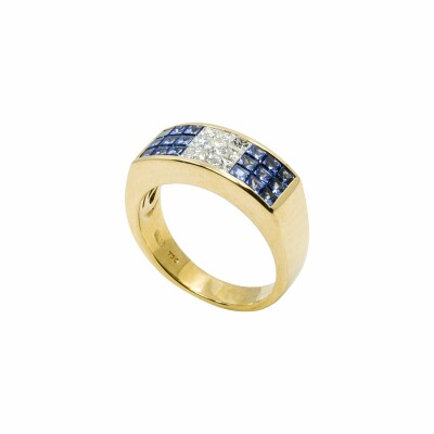 Bague en or jaune, saphir bleu et diamant