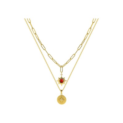 Collier en acier doré et turquoise rouge synthétique