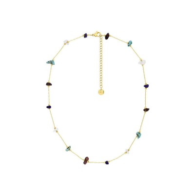 Collier en acier doré, œil de tigre, turquoise et agate et lapis lazuli