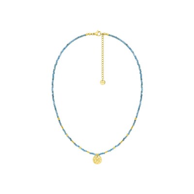 Collier en acier doré, apatite bleu et verre