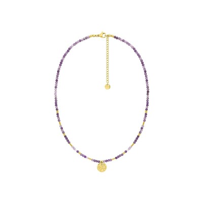 Collier en acier doré, améthyste et verre