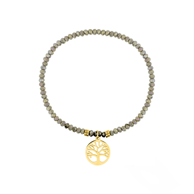 Bracelet arbre de vie en acier doré et cristaux gris