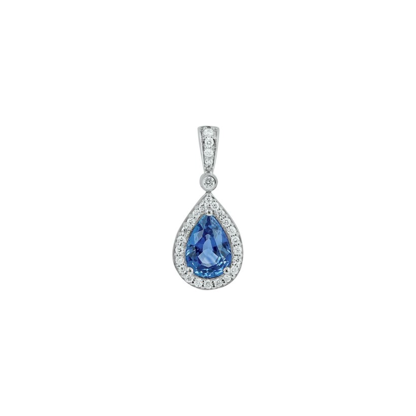 Pendentif en or blanc palladié, saphir taille poire et diamants