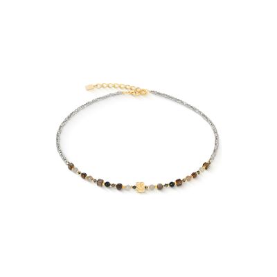 Collier Coeur de Lion Shape Mix Spikes en acier doré, quartz fumé, pierre de lune et onyx, agate, oeil de tigre, cristaux Swarovski et verre