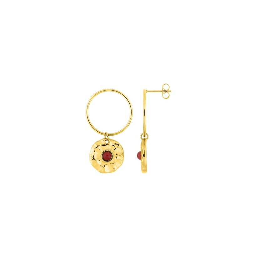 Boucles d'oreilles pendantes en métal doré et rubis synthétique