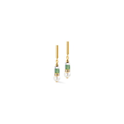 Boucles d'oreilles Cœur de Lion en métal doré, amazonite, aventurine vert, cristal de roche, cristaux Swarovski, rondelle de strass et hématite