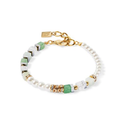Bracelet Cœur de Lion en métal doré, amazonite, aventurine vert, cristal de roche, cristaux Swarovski et rondelle de strass