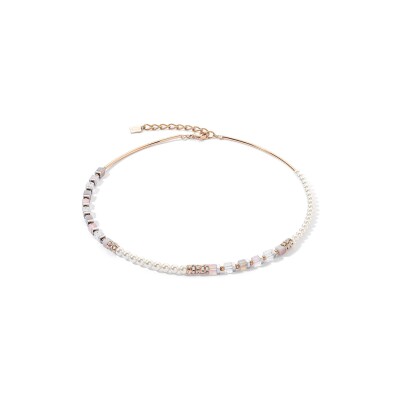 Collier Coeur de Lion Precious Fusion Offset en acier, métal doré rose, agate, quartz rose et cristal de roche, cristaux Swarovski, strass et hématite 