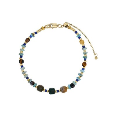 Bracelet belOReil en acier doré, jaspe, oeil de tigre, perle de verre et turquoise