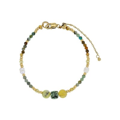 Bracelet belOReil en acier doré, oxyde de zirconium, perle de culture d'eau douce, perle de verre et jaspe