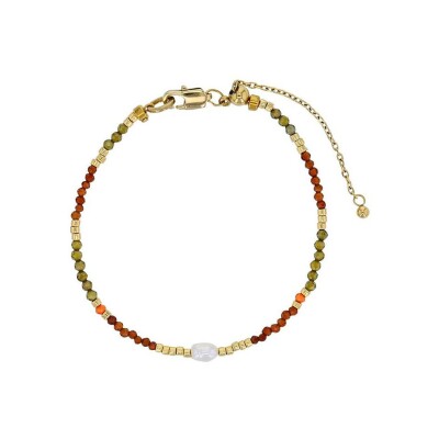 Bracelet belOReil en acier doré, oxyde de zirconium, perle de culture d'eau douce, perle de verre et grenat orange