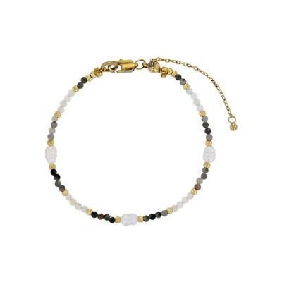 Bracelet belOReil en acier doré, perle de culture d'eau douce, jade et perle de verre