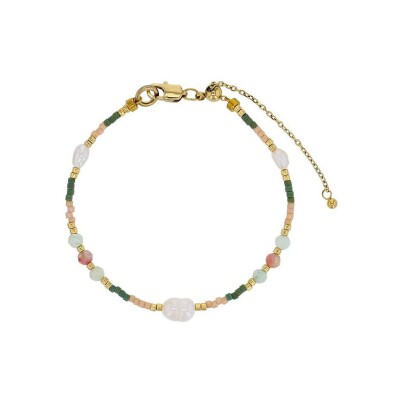Bracelet belOReil en acier doré, perle de culture d'eau douce, opale verte, perle de verre et héliolite