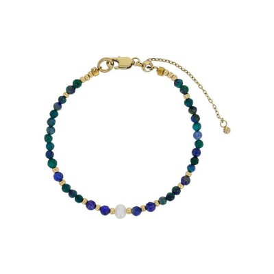 Bracelet belOReil en acier doré, perle de culture d'eau douce, lapis lazuli et perle de verre