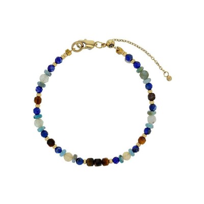 Bracelet belOReil en acier doré, lapis lazuli, opale, œil de tigre, turquoise reconstituée et perle de verre