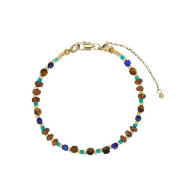 Bracelet belOReil en acier doré, lapis lazuli, opale, œil de tigre, turquoise reconstituée et perle de verre