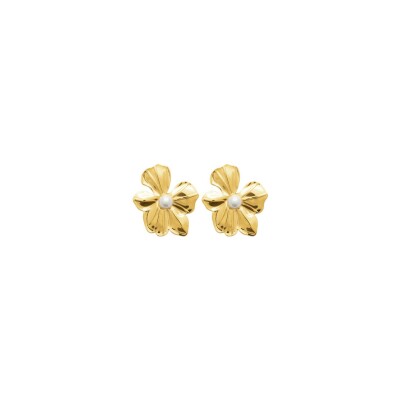 Boucles d'oreilles belOReil Fleurs en acier doré et perle d'imitation