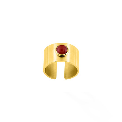 Bague ajustable en acier doré et rubis synthétique