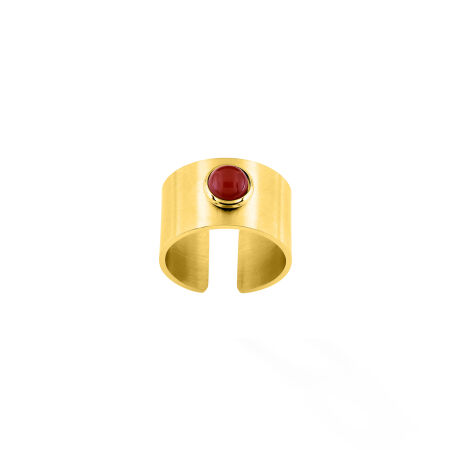 Bague ajustable en acier doré et rubis synthétique