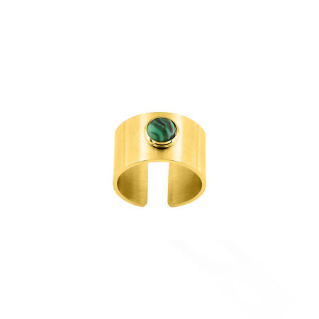 Bague ajustable en acier doré et malachite synthétique