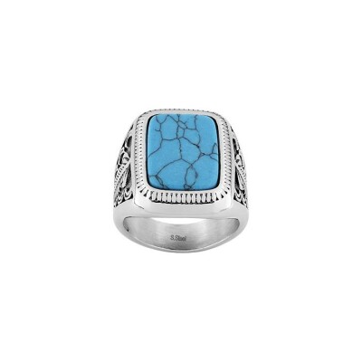 Bague en acier noirci et turquoise bleue synthétique