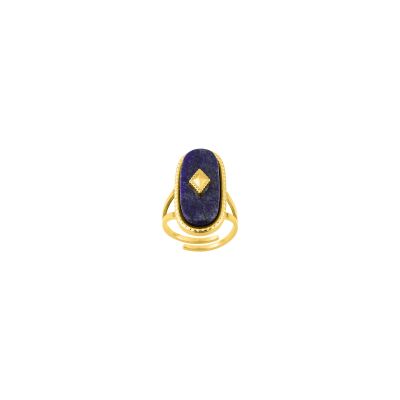 Bague ajustable en acier doré et lapis lazuli