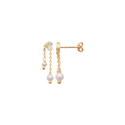 Boucles d'oreilles pendantes belOReil en plaqué or, perle et oxydes de zirconium