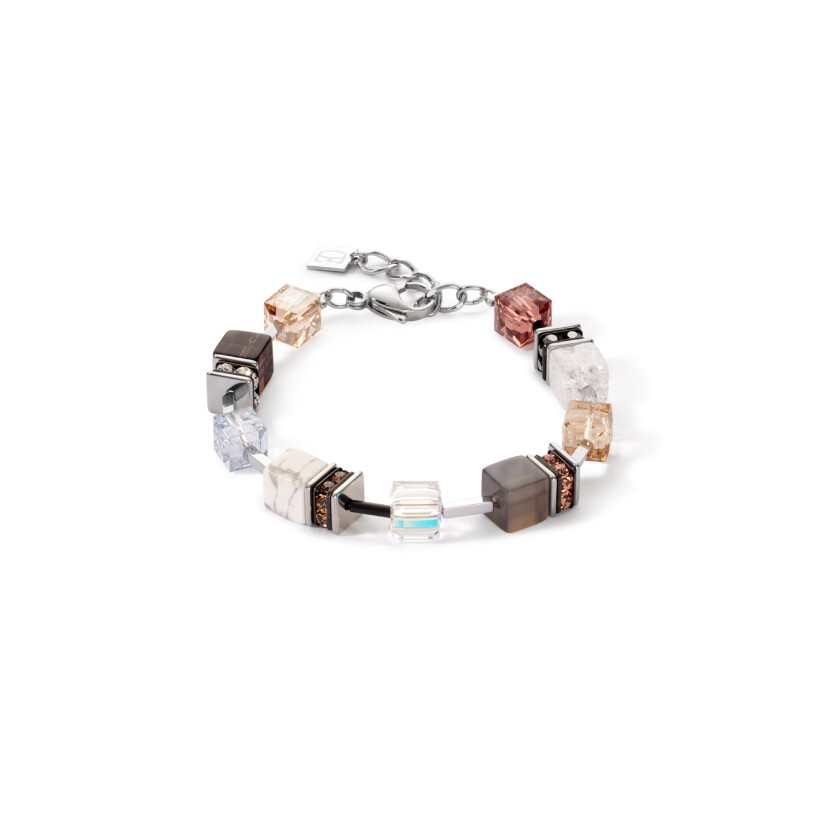 Bracelet Cœur de Lion GeoCUBE en acier, agate, cristal de roche, quartz fumé, howlite, cristaux et strass