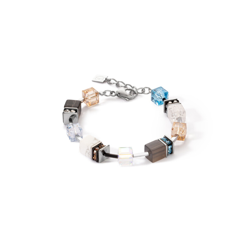 Bracelet Cœur de Lion GeoCUBE en acier, agate, cristal de roche, quartz fumé, howlite, cristaux et strass
