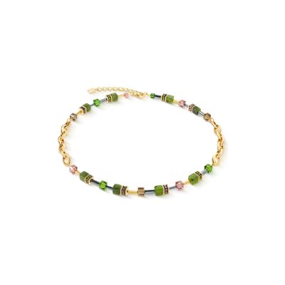 Collier Coeur de Lion GeoCUBE Chunky Chain en acier doré, nephrite, cristaux Swarovski et strass et hématite