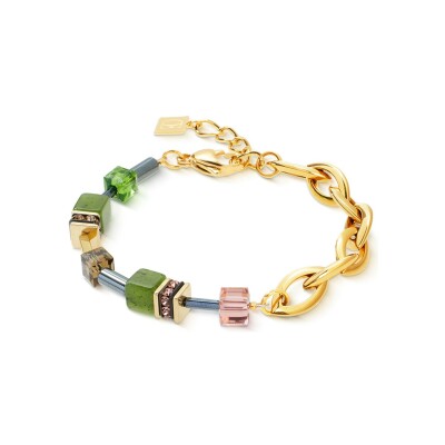 Bracelet Coeur de Lion GeoCUBE Chunky Chain en acier doré, nephrite, cristaux Swarovski et strass et hématite