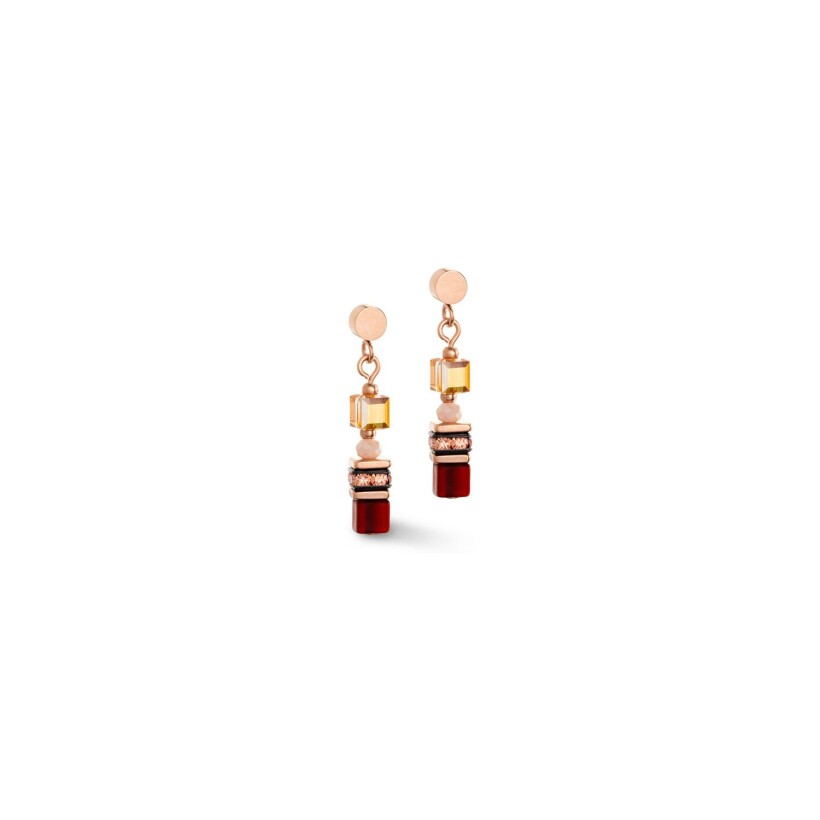 Boucles d'oreilles pendantes Cœur de Lion en métal doré rose, cristaux, strass et polaris