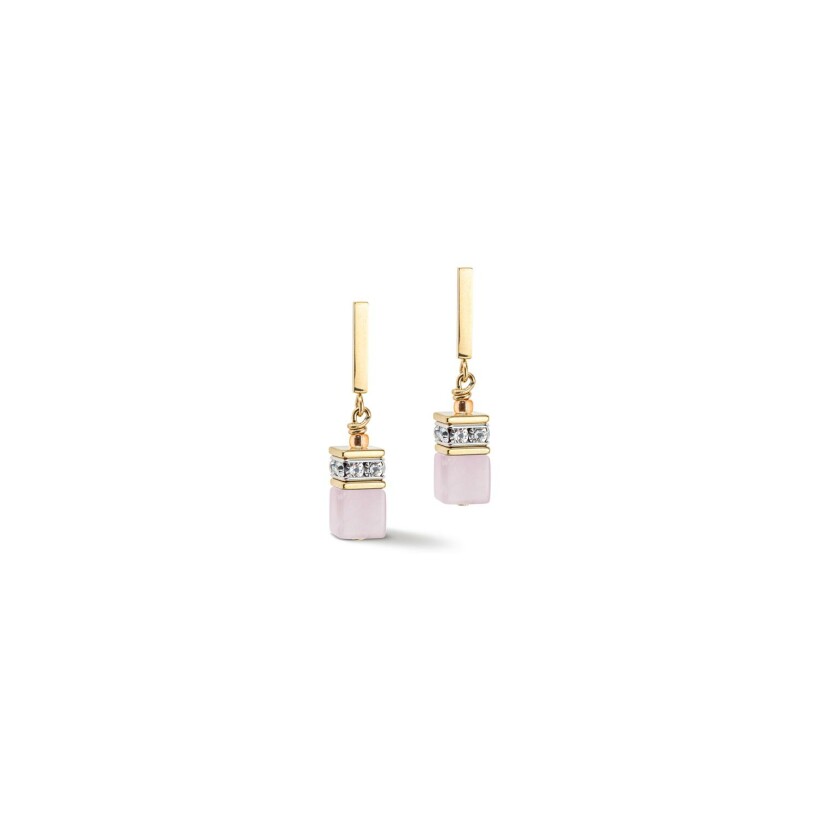Boucles d'oreilles pendantes Cœur de Lion GeoCUBE en métal doré, strass et quartz rose