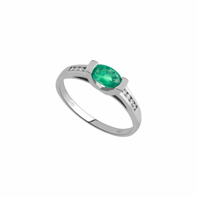 Bague U & Rails en or blanc, émeraude et diamants de 0.08ct