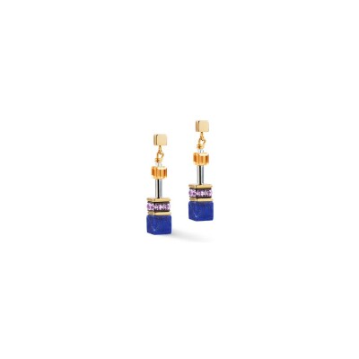 Boucles d'oreilles Cœur de Lion GeoCUBE en métal doré, lapis lazuli, nephrite, amazonite, aventurine rouge, cristaux Swarovski, œil de tigre et rondelle de strass