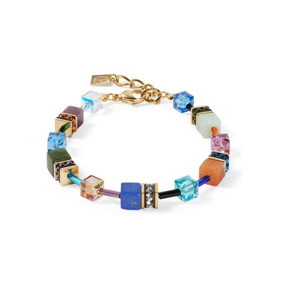 Bracelet Cœur de Lion GeoCUBE en métal doré, lapis lazuli, nephrite, amazonite, aventurine rouge, cristaux Swarovski, œil de tigre et rondelle de strass