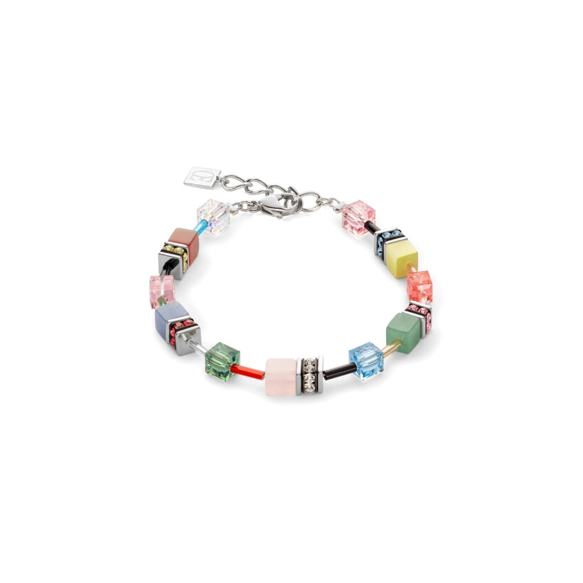 Bracelet Cœur de Lion GeoCUBE en acier, œil de tigre, cristaux, strass, aventurines, amazonite, howlite, nephrite, cornaline et quartz rose