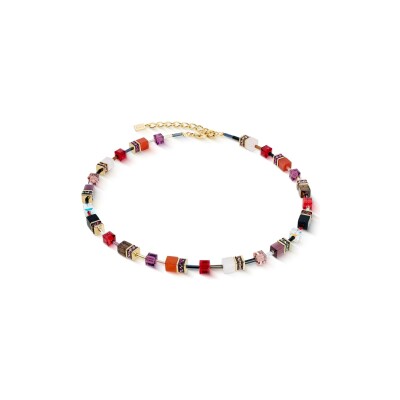 Collier Coeur de Lion GeoCUBE Iconic Precious en acier doré, quartz fumé, cornaline et onyx, quartz rose, oeil de tigre, cristaux Swarovski et strass