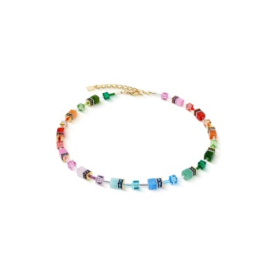 Collier Coeur de Lion GeoCUBE Iconic Precious en acier doré, nephrite, aventurine bleu et aventurine vert, aventurine rouge, amazonite, cornaline, quartz rose, cristaux Swarovski et strass