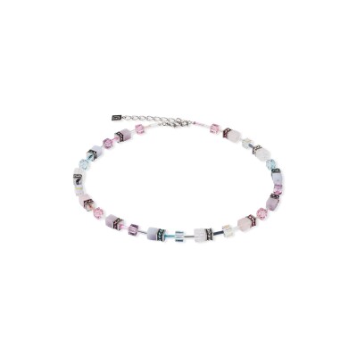 Collier Coeur de Lion GeoCUBE Iconic Precious en acier, calcédoine, cristal de roche et quartz rose, cristaux Swarovski, strass et verre