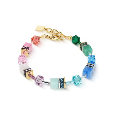 Bracelet Coeur de Lion GeoCUBE Iconic Precious en acier, acier doré, aventurine bleu, aventurine vert et amazonite, quartz rose, oeil de tigre, cristaux Swarovski et strass