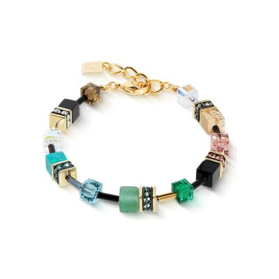 Bracelet Coeur de Lion GeoCUBE Iconic Precious en acier doré, turquoise, jaspis de paysage et aventurine vert, oeil de tigre, cristaux Swarovski, strass et verre