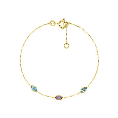 Bracelet en or jaune, topaze bleue et améthyste
