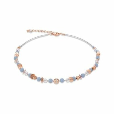 Collier Coeur de Lion en angélite, cristaux, métal doré rose, acier et cristaux en pavé