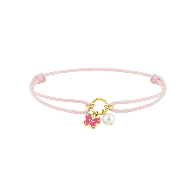 Bracelet cordon rose en or jaune, textile, perle d'eau douce et laque